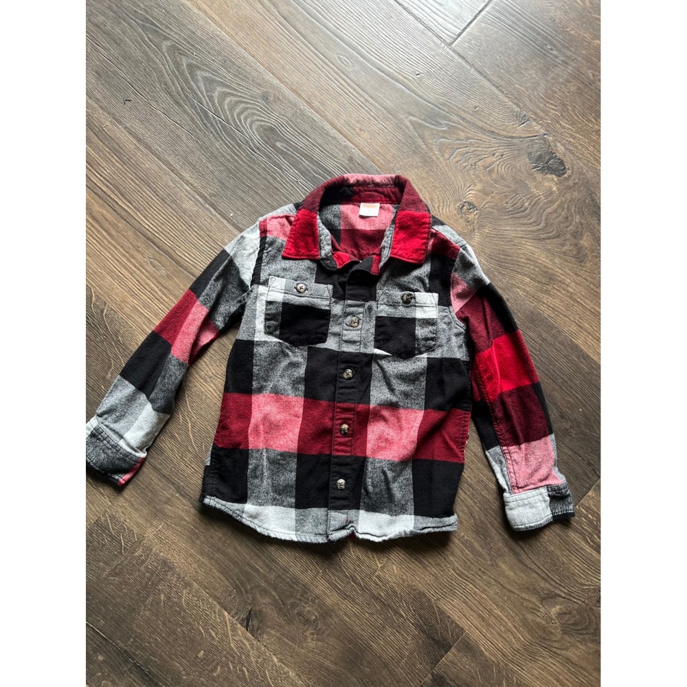 Gymboree Boys Red Black Buffalo Plaid Flannel Button Down Shirt 5T Cotton - Picture 1 of 3